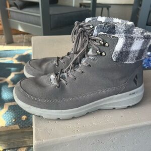 Skechers Go Lite boots, gray with plaid lining, size 11